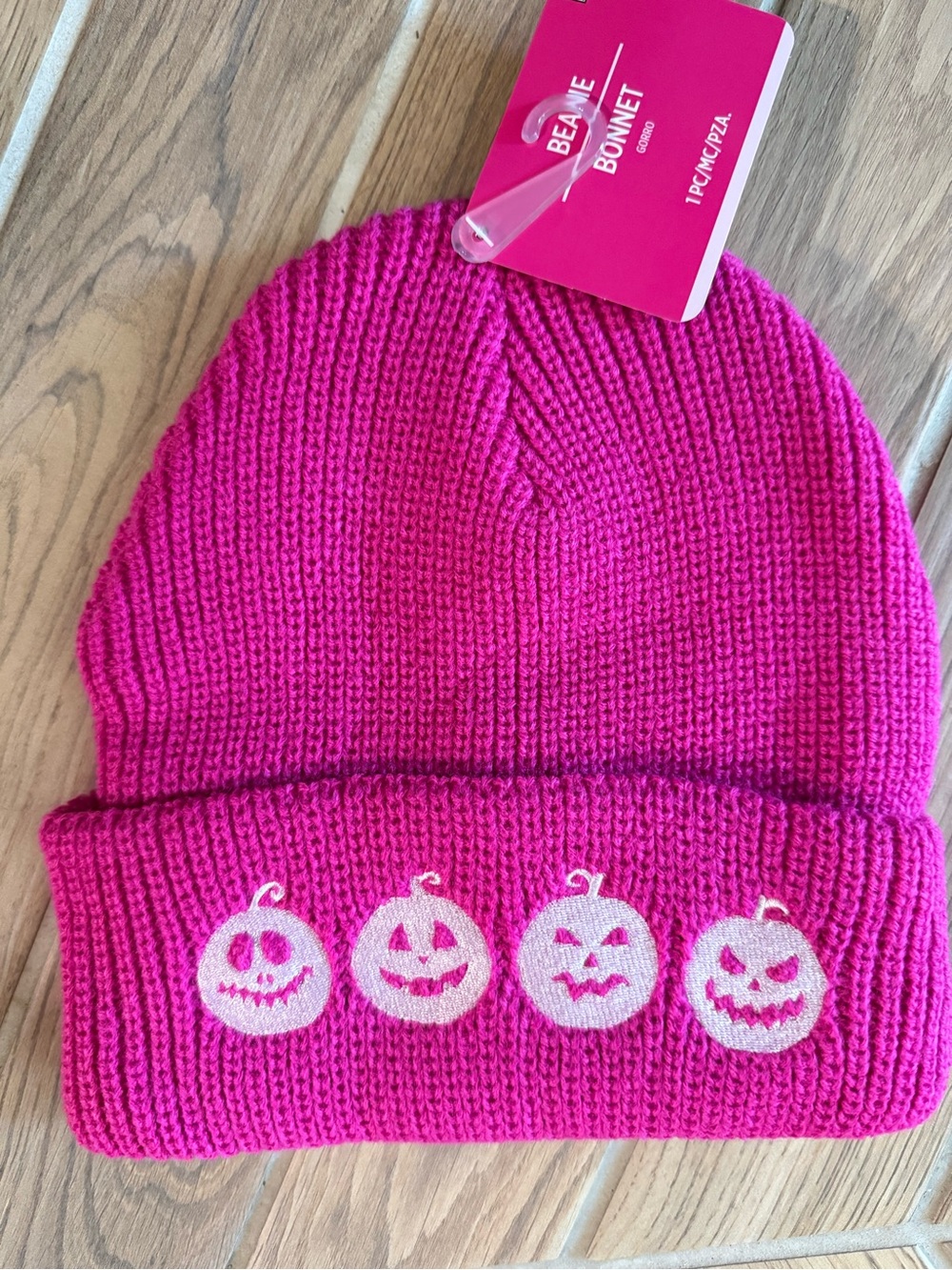 Halloween Pink Knit Beanie with Pumpkin Faces